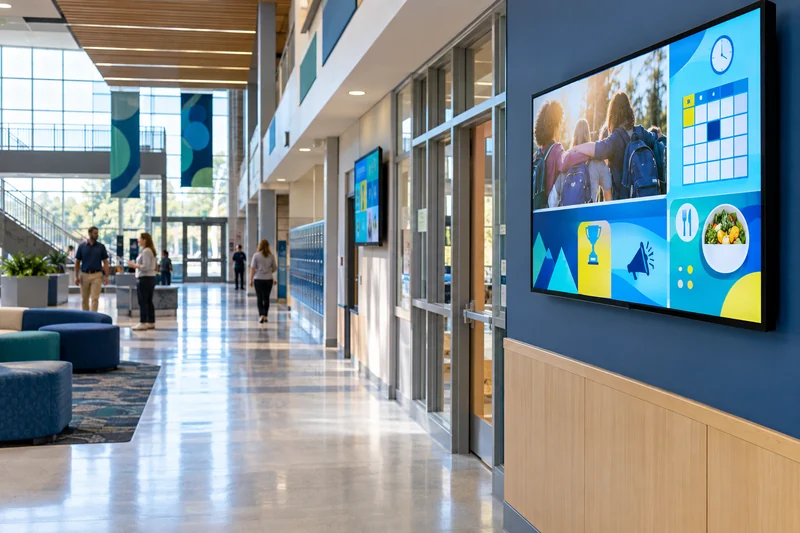 Digital signage installed in a bright modern school hallway