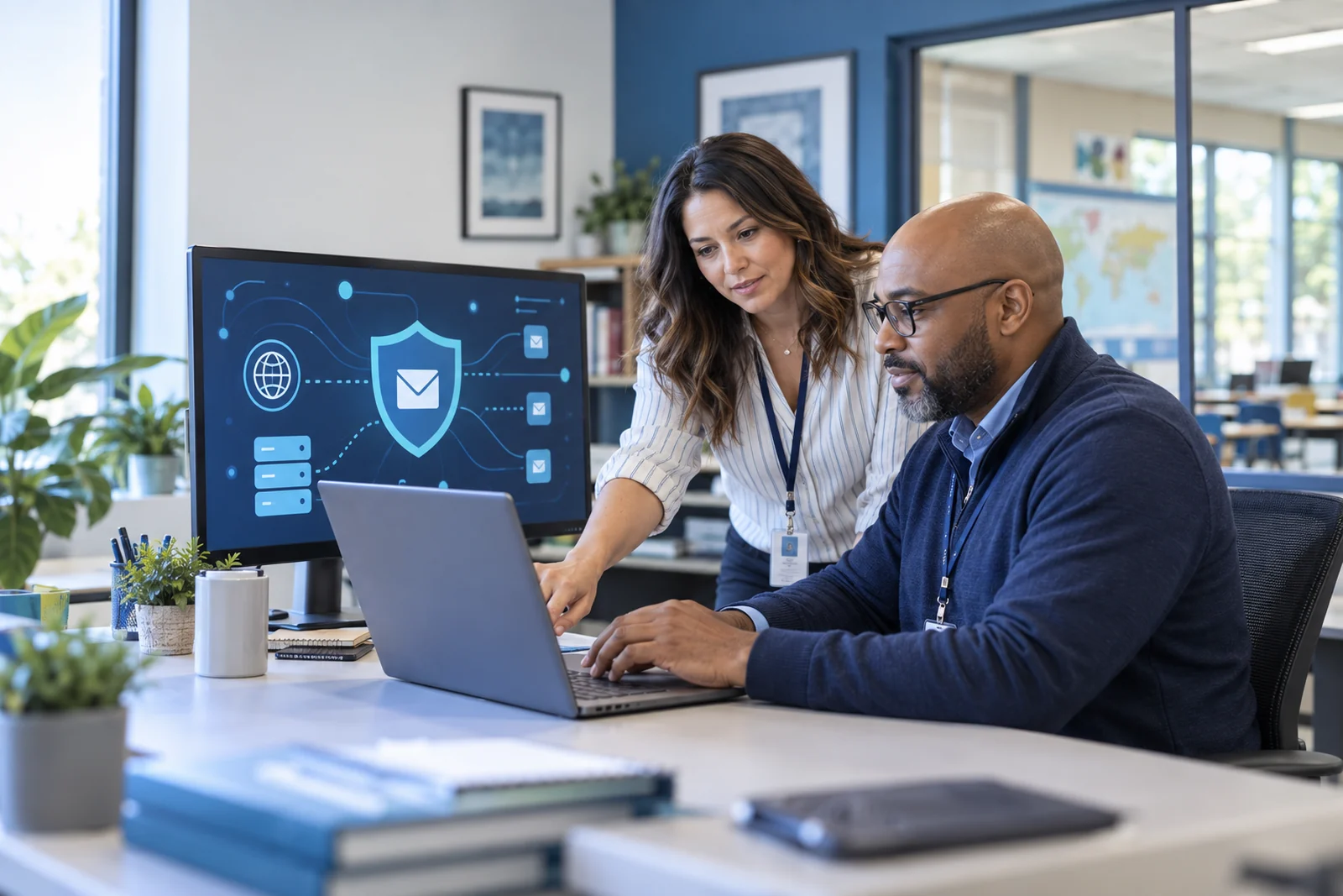 Two school technology professionals reviewing an email security dashboard