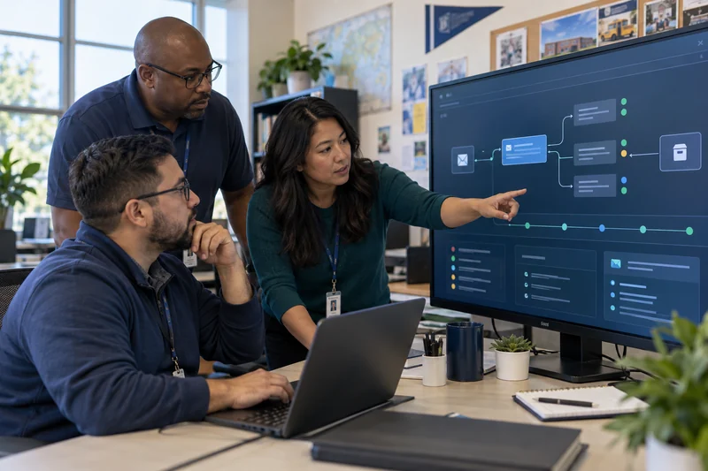 A school district technology team reviewing an email investigation