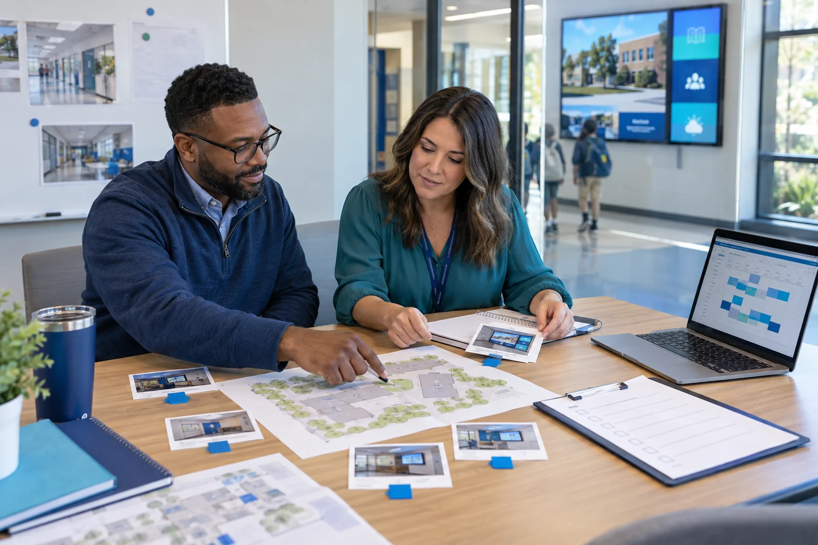 School staff planning digital signage locations and schedules