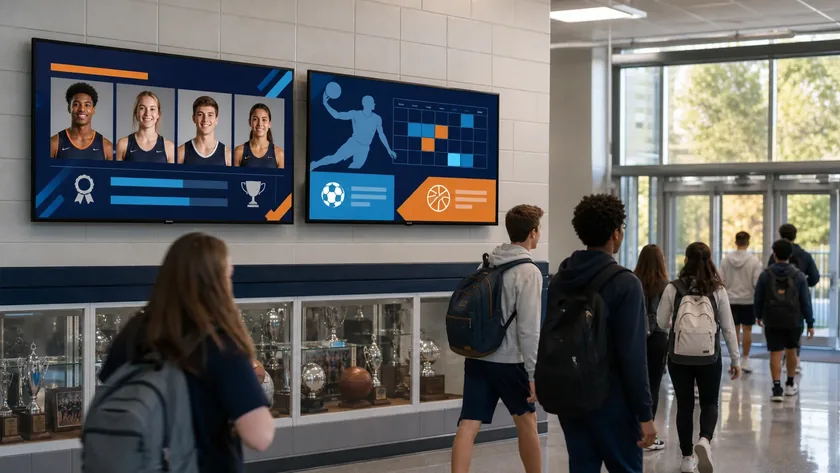 School athletics displays highlighting students and upcoming events