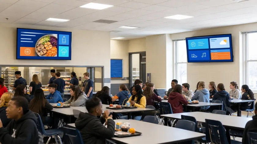 School cafeteria televisions showing menus and student announcements