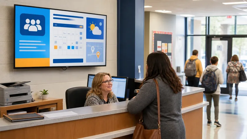 A school front office using a digital display for welcome information and daily updates