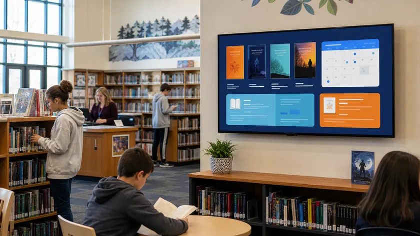A school library display promoting reading programs and upcoming events